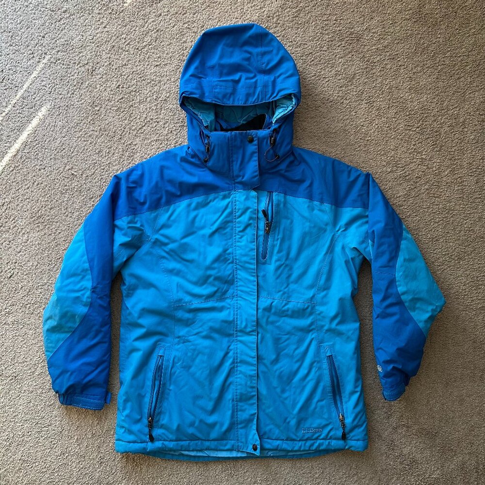 LL Bean Jacket Womens Large Full Zip Hooded Nylon Blue Pockets Tek